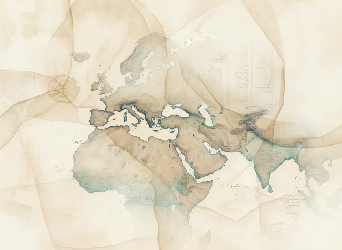Layered archival textures suggesting maps of the Middle East and historical manuscripts in warm neutral tones